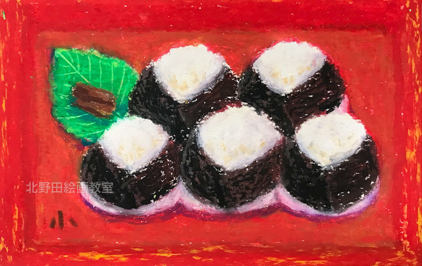『太郎と食べた天むす』(講師・オイルパステル画・15㎝×10㎝)