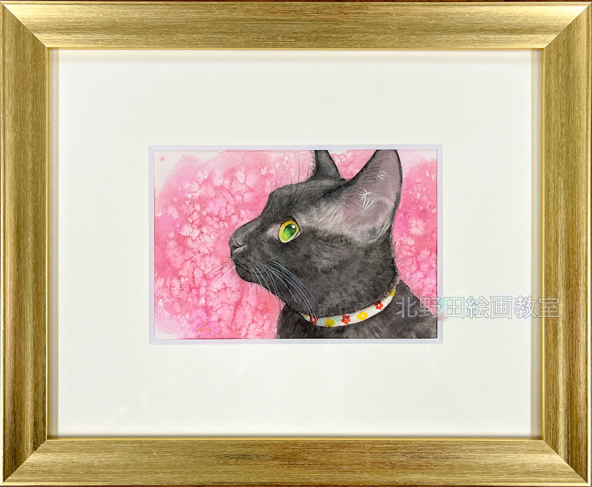 『桃黒ちゃん』（講師・水彩画・15㎝×10㎝）