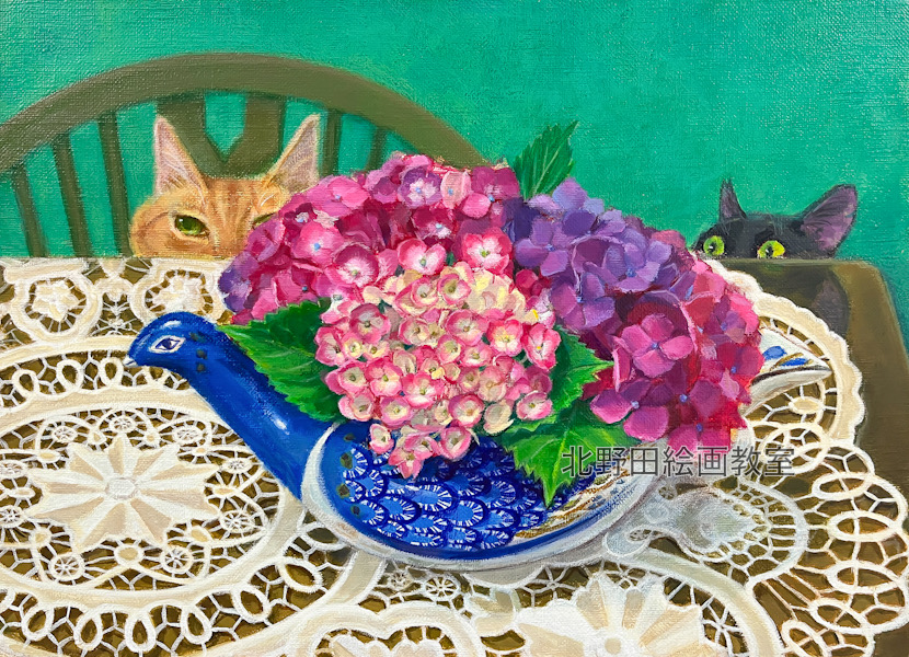 『紫陽花 ~小太郎とくろちゃん~』(講師・アクリル画・F4号)